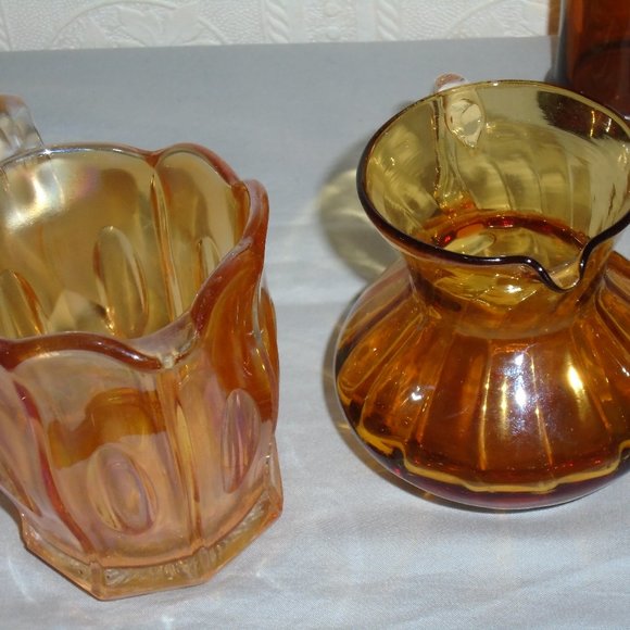 VINTAGE MINIATURE, AMBER GLASS, LOT, PITCHER/DECANTER & VASE, USED NICELY STORED - Picture 3 of 15